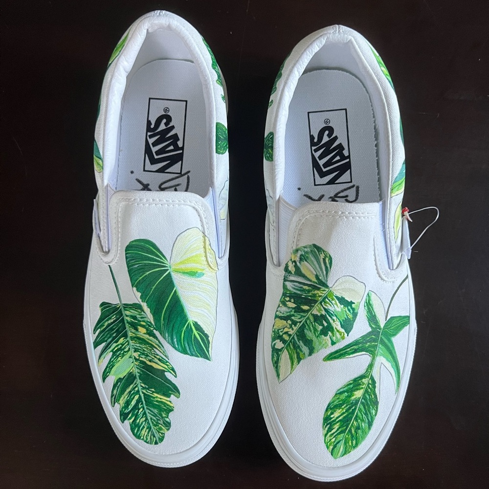 Custom Painted Canvas Plant Slip On Vans - size 8.5